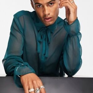 ASOS sheer shirt with flute sleeve and neck bow in green